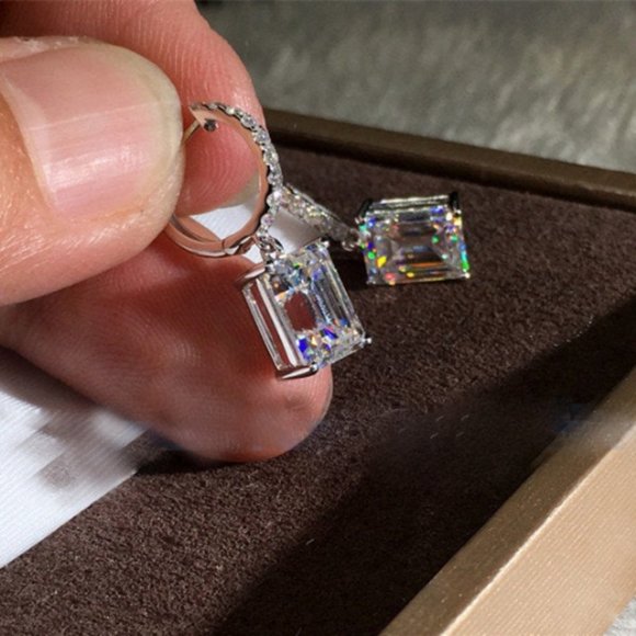 Classic Emerald Cut Drop Silver Plated Zircon Earrings- Fashion Jewelry - Picture 3 of 5